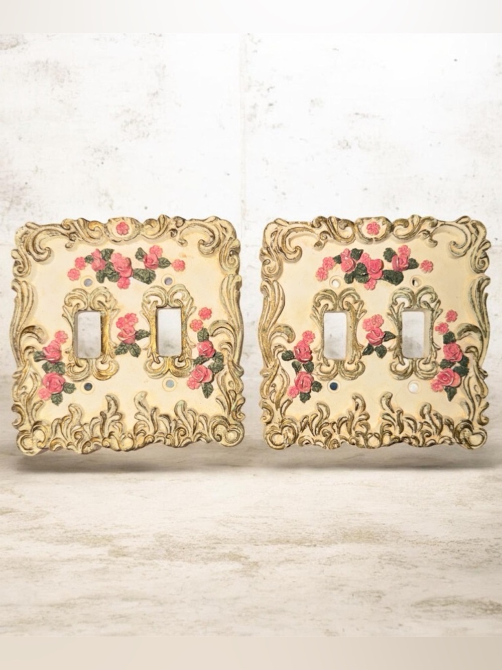 Ornate Rose Decorative Double Light Switch Plates, Cream and Pink